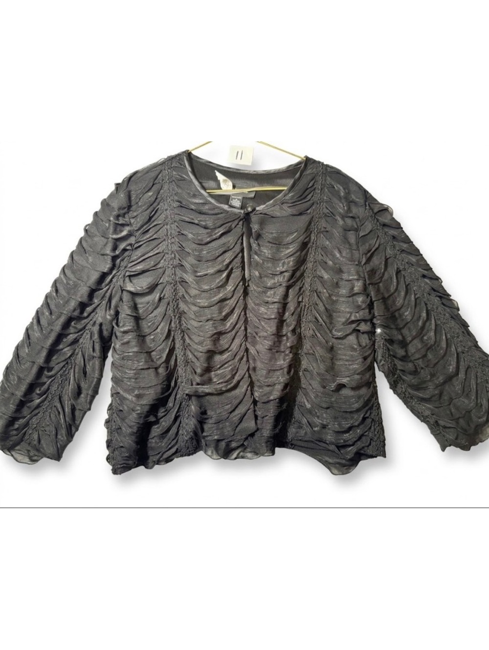 R&M Richards Black Ruffled Textured Evening Jacket Large